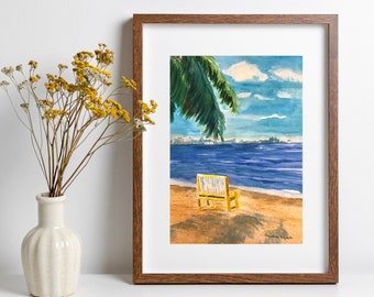 Yellow Bench & Palm Tree Art Print, Sunny Belize Scene, Beach Wall Art Print, Relaxing Coastal Decor, Yellow Bench, Palm Tree Print