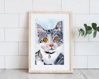 Cat Print, Watercolor Painting of a Grey Tabby Cat Gazing at You, Animal Wall Art