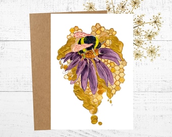 Bee Flower Honeycomb Card, Painting of a Bee on a Purple Flower with a Honeycomb, 5x7 Personalized Greeting Card, Bee Gift, Flower