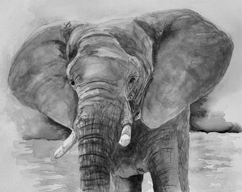 Elephant Watercolor Art Print: Black and White Wildlife Wall Decor
