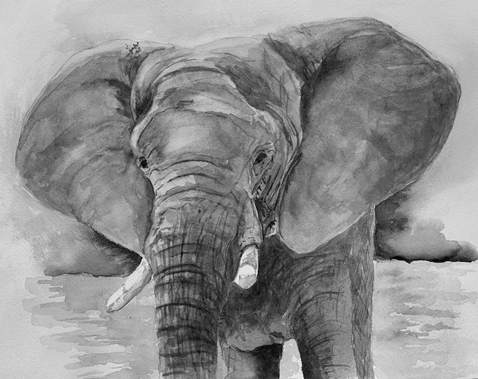 Elephant Watercolor Art Print: Black and White Wildlife Wall Decor
