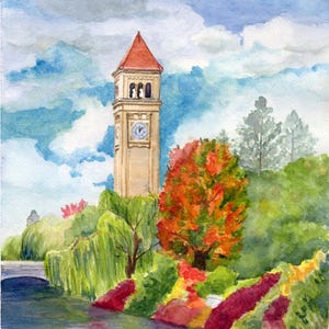 May include: A watercolor painting of a tall tan clock tower with a red roof, set against a blue sky with white clouds. In the foreground, a vibrant orange and red tree stands among green trees and bushes, with a small bridge over water.