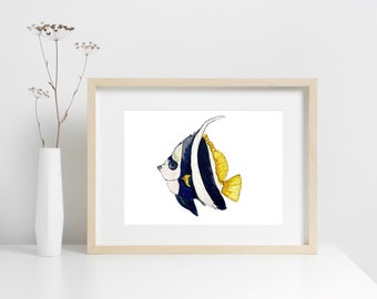 Butterfly Fish Art Print, Watercolor Painting of a Beautiful Black, White & Yellow Aquarium Fish, Painting, Wall Decor