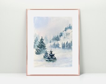 Winter Pine Tree Watercolor Print, Forest, Snow Art, Watercolor Wall Art, Art Print, Watercolor Painting of Pine Trees in a Misty Landscape