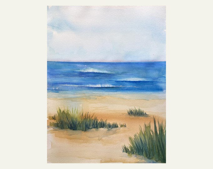 Serene Beach Watercolor Print, Coastal Ocean Wall Art for Home Decor
