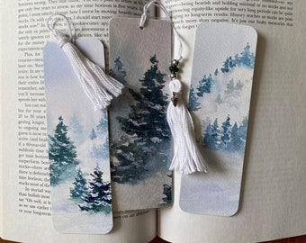 Winter Bookmarks, Snow Art Bookmark Printed from Watercolor Painting of Snowy Pine Tree Mountain Landscape