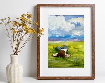 Art Print Made from Original Whimsical Painting of a Child Laying in the Grass Cloud Watching