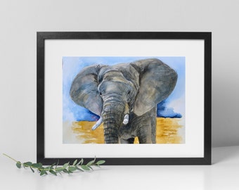Elephant Art Print, Watercolor Painting of a Gray Elephant Perfect for Nature Wall Decor
