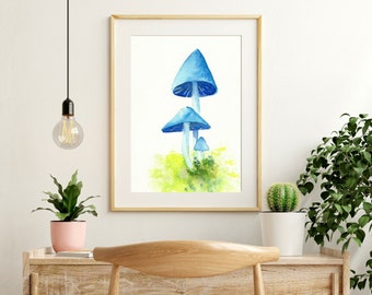 Art Print, Mushroom, Wall Art Print, Painting of Blue Mushrooms