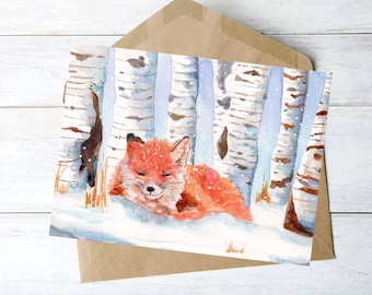 Fox in the Snow Greeting Card Personalized Watercolor Card Art, Wildlife Design Notecard