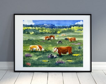 Watercolor Print, Painting of Cows Grazing in a Meadow, Watercolor Wall Art