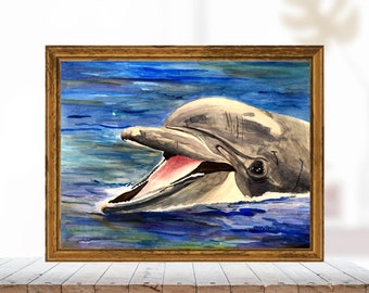 Print from Original Watercolor Painting of a Dolphin in the Ocean, 8x10 Art Print, Watercolor Wall Art