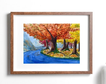 Mountain Art, Wall Art Print, Painting of a River in the Mountains of Scotland during Autumn