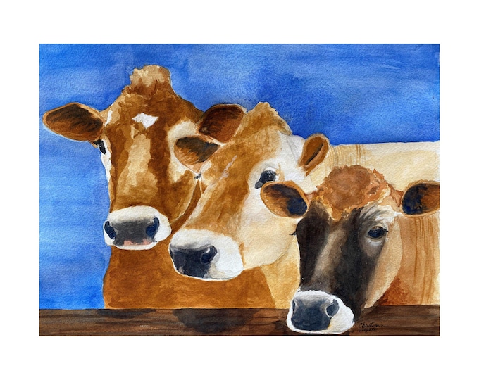 Watercolor Print of Three Jersey Cows Peering Over Fence , Rustic Farm Wall Art for Home Decor