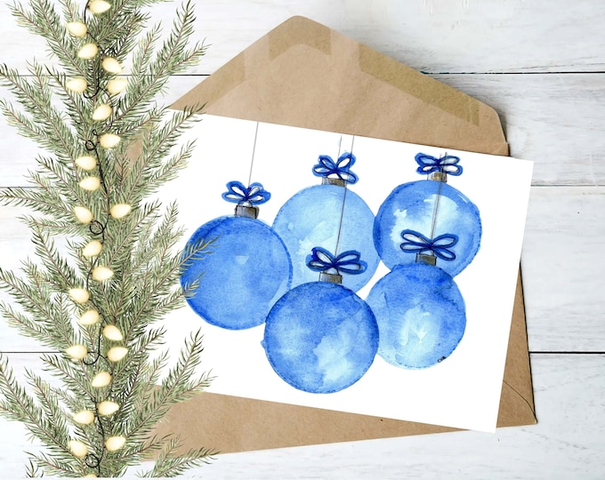 Christmas Card with Blue Watercolor Art Card, Personalized Blank Note Card, Painting of Holiday Ornaments