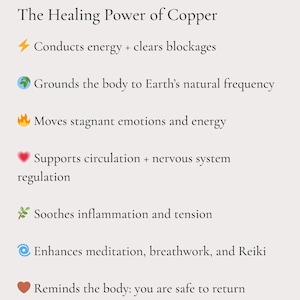 May include: A cream-colored graphic with the title "The Healing Power of Copper." The text describes the benefits of copper, including energy conduction, grounding, emotional movement, circulation support, inflammation relief, meditation enhancement, and body safety.