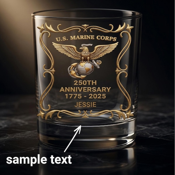 Military Gift for Marine Dad – Personalized USMC 250th Anniversary Whiskey Glass, Custom Name 11oz Old Fashioned Rocks Glass