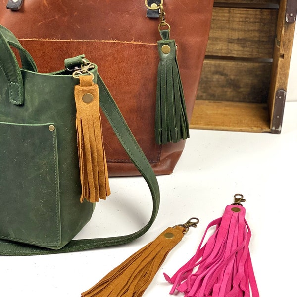 Fringed Suede Tassel Purse Charm, Pink, Green, Tan Leather Purse Charm, Bag Embellishment, Tassel Bag Charm, Tassel Keychain