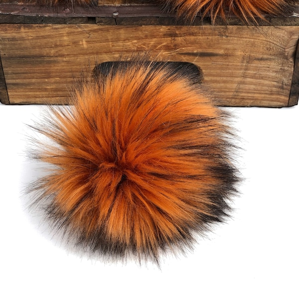 Faux Fur Pom Pom Flame Orange Handmade by Kitchen Klutter for Knit and Crochet Hats Beanies