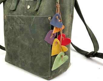 Cascading Rainbow Hearts Leather Purse Tassel Bag Charm