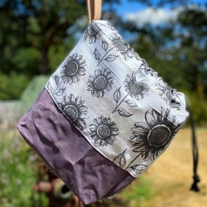 Sunflowers Project Bag, Project Bag for Knitters, Knitting Bag, Smokey Lavender Waxed Canvas Bag