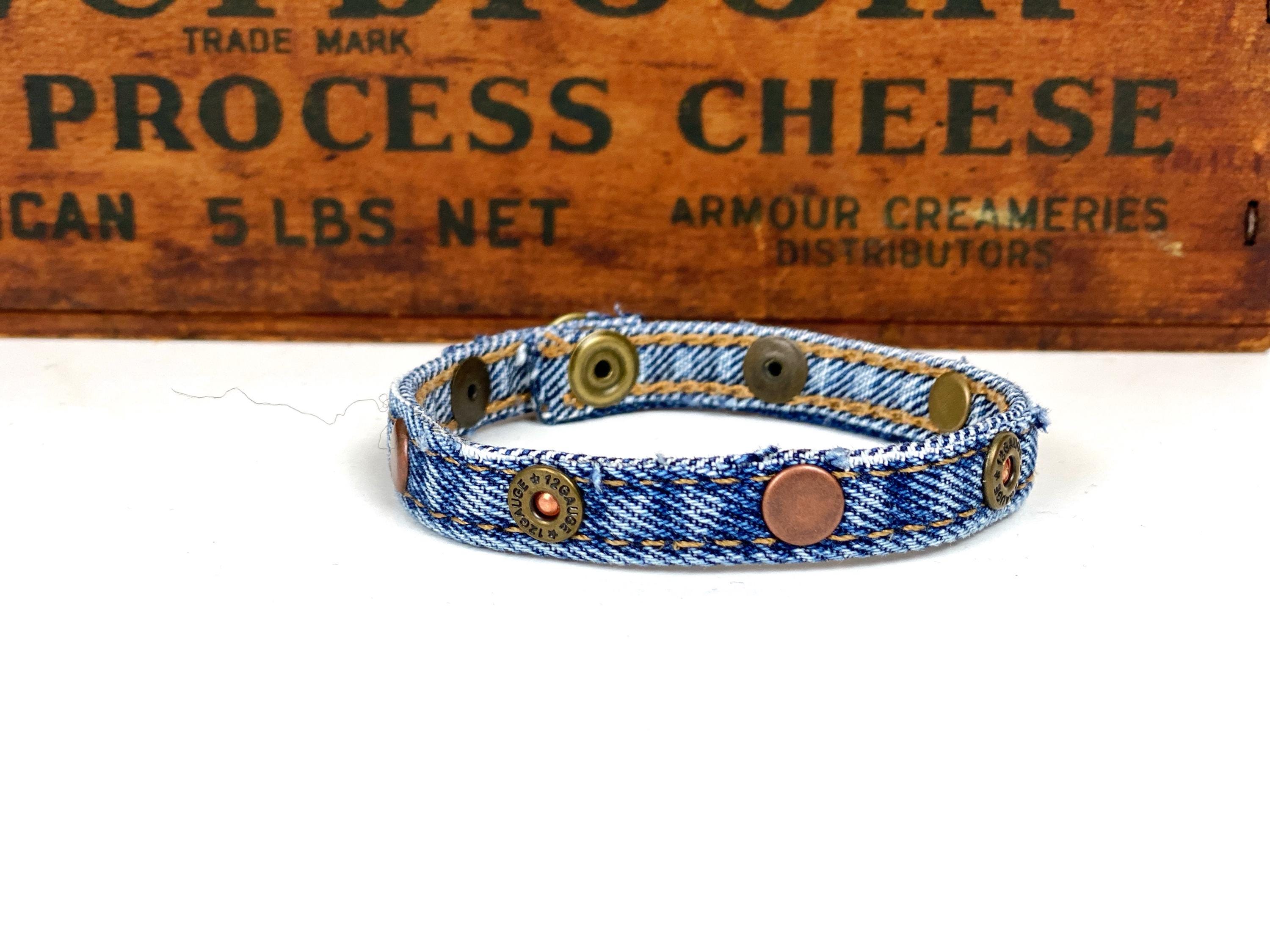 Upcycled Denim Seam Shotgun Shell Copper or Turquoise Rivets
