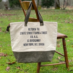 Vintage State Street Bank & Trust Broadway New York NY Upcycled Money Bag Canvas Tote Project Beach Carryall