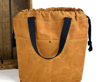 Waxed Canvas Knitting Project Bag, Crochet Project Bag, Drawstring Yarn Bag