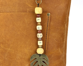 Personalized Leather Purse Charm | Wood Alphabet Bead Bag Charm | Handmade Leather Tassel | Custom Initial Gift | Bag Accessory