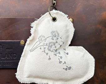 Dandelion Cotton Canvas Heart Keychain Purse Charm Keyring