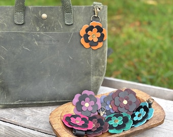 Clip on Leather Flower Bag Purse Charm with Swivel Lobster Clasp