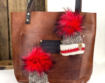 Sock Monkey Mini Knit Hat Beanie Ornament Wool Blend Purse Charm with Faux Fur Pom