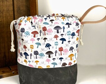 Mushroom Waxed Canvas Project Bag, Canvas Project Bag, Project Bag for Knitters, Knitting Bag