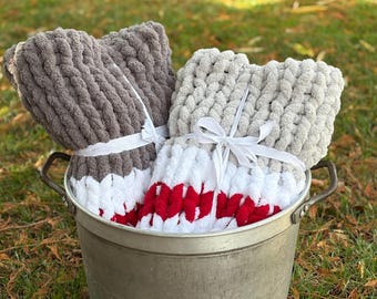 Sock Monkey Chenille Hand Knit Baby Blanket Handmade Jumbo Throw