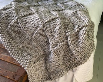 Hand Knit Basket Weave Throw Blanket Super Thick Grey Handmade Afghan 45" x 60"
