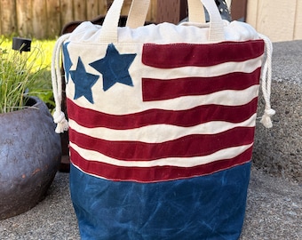 Patriotic  Stars and Stripes Waxed and Natural Duck Canvas Project Bag Knitting Crochet Handmade for Knitters and Crocheters
