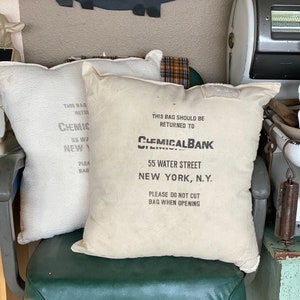 Vintage Chemical Bank Canvas Pillow: Upcycled Money Bag Decor