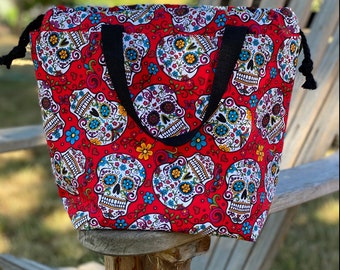 Day of the Dead Cotton Project Bag, Sugar Skulls Knitting Bag