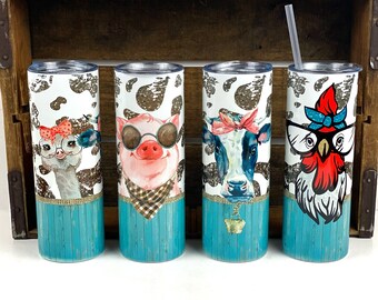 Barnyard Series Chicken, Cow, Sheep, Pig, Ostrich on Cow Print 20 oz Stainless Steel Skinny Tumbler Sublimation Hot Cold Coffee Soda