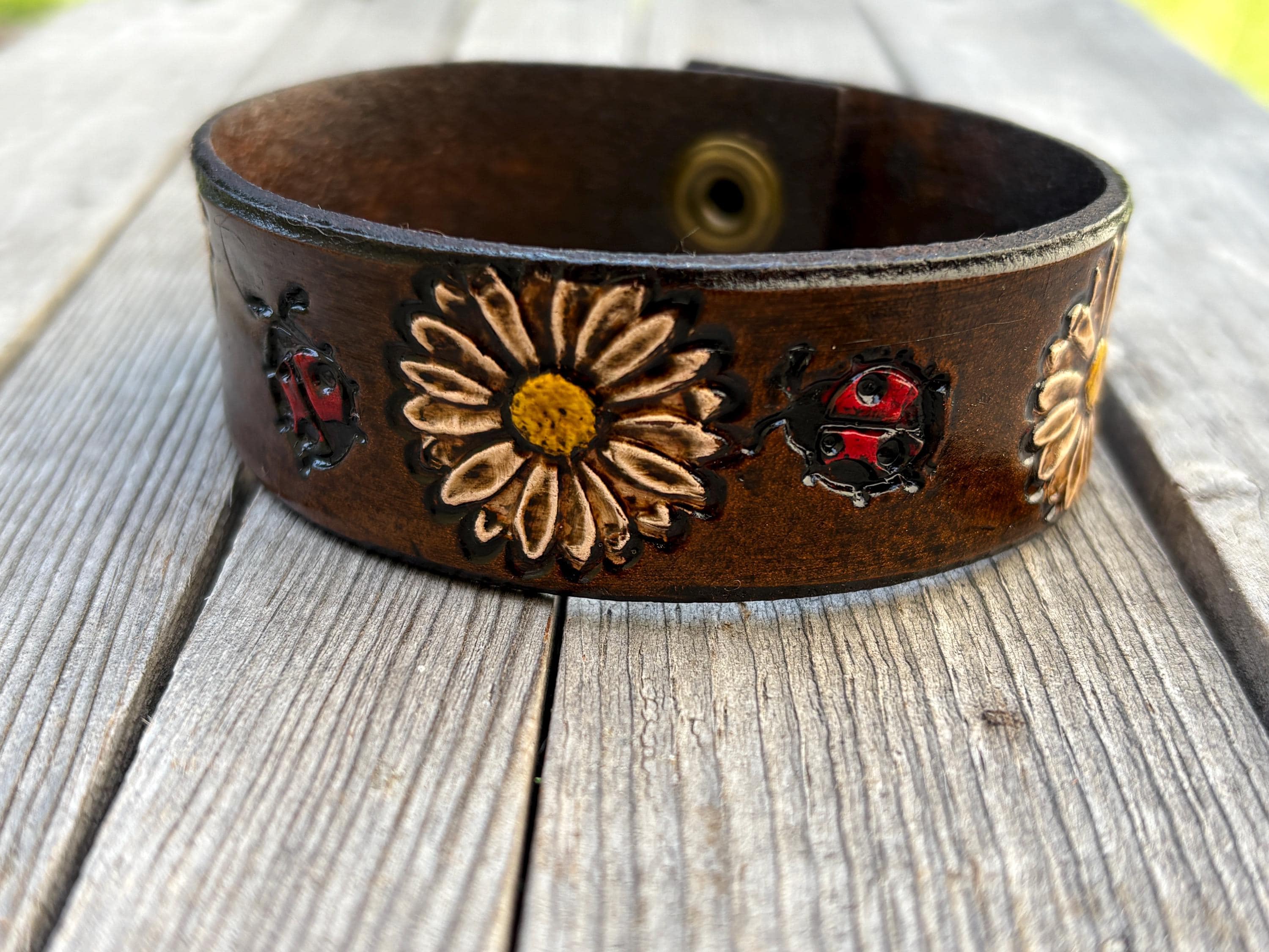 Hand Stamped Leather Cuff Bracelet: Honey Bee, Daisy, Ladybug