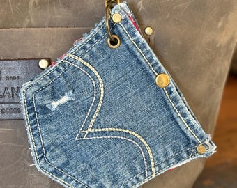 Upcycled Levi Pocket Purse Charm | Clip-On Denim Bag Charm | Flannel Lined Jean Pocket Keychain | Handmade Backpack Charm | Sustainable Gift