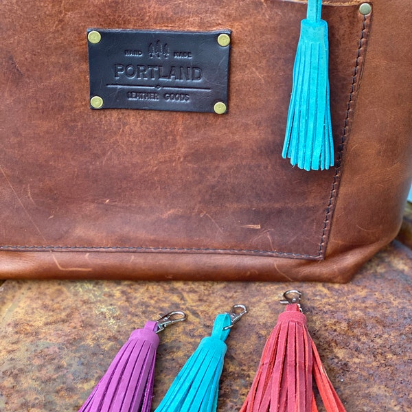 Fringed Leather Tassel Purse Charm, Pink, Red, Turquoise 3.5" Bag Embellishment, Tassel Bag Charm, Tassel Keychain