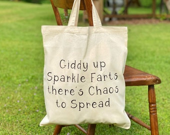 Giddy up Sparkle Farts Cotton Tote Bag, LIGHTWEIGHT THIN Natural Cotton Tote Bag, Funny Saying Reusable Tote Bag, Farmers Market Bag 3 Sizes