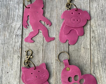 Electric Pink Leather Purse Bag Accessories, Sasquatch, Cat, Pig, Heart Paw Print Key Ring Purse Charm
