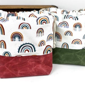 Boho Rainbow Macrame Waxed Canvas Project Bag, Canvas Project Bag, Project Bag for Knitters, Knitting Bag, Crocheters Bag