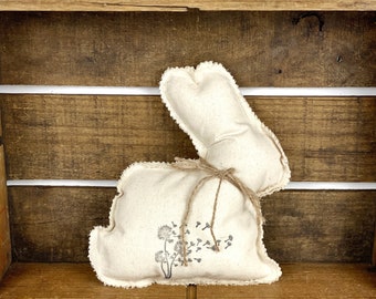 Canvas Stuffed Bunny Rabbit with Blowing Dandelion Hand Stamped and Jute Tie Tiered Tray Shelf Sitter Basket Filler