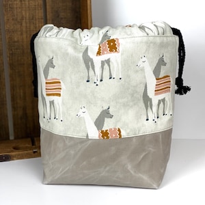 Llama Waxed Canvas Project Bag, Knit and Crochet WIP Bag, Knitting Drawstring Tote Bag, Sturdy Crafting Bag