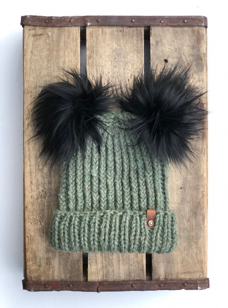 Willow Green First Frost Folded Brim Beanie Double Faux Fur Pom