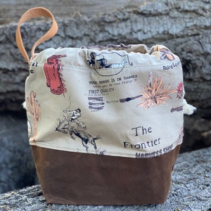 Vintage Western Linen Project Bag: Waxed Canvas Knitting Bag