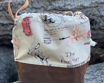 Vintage Western Linen Project Bag: Waxed Canvas Knitting Bag